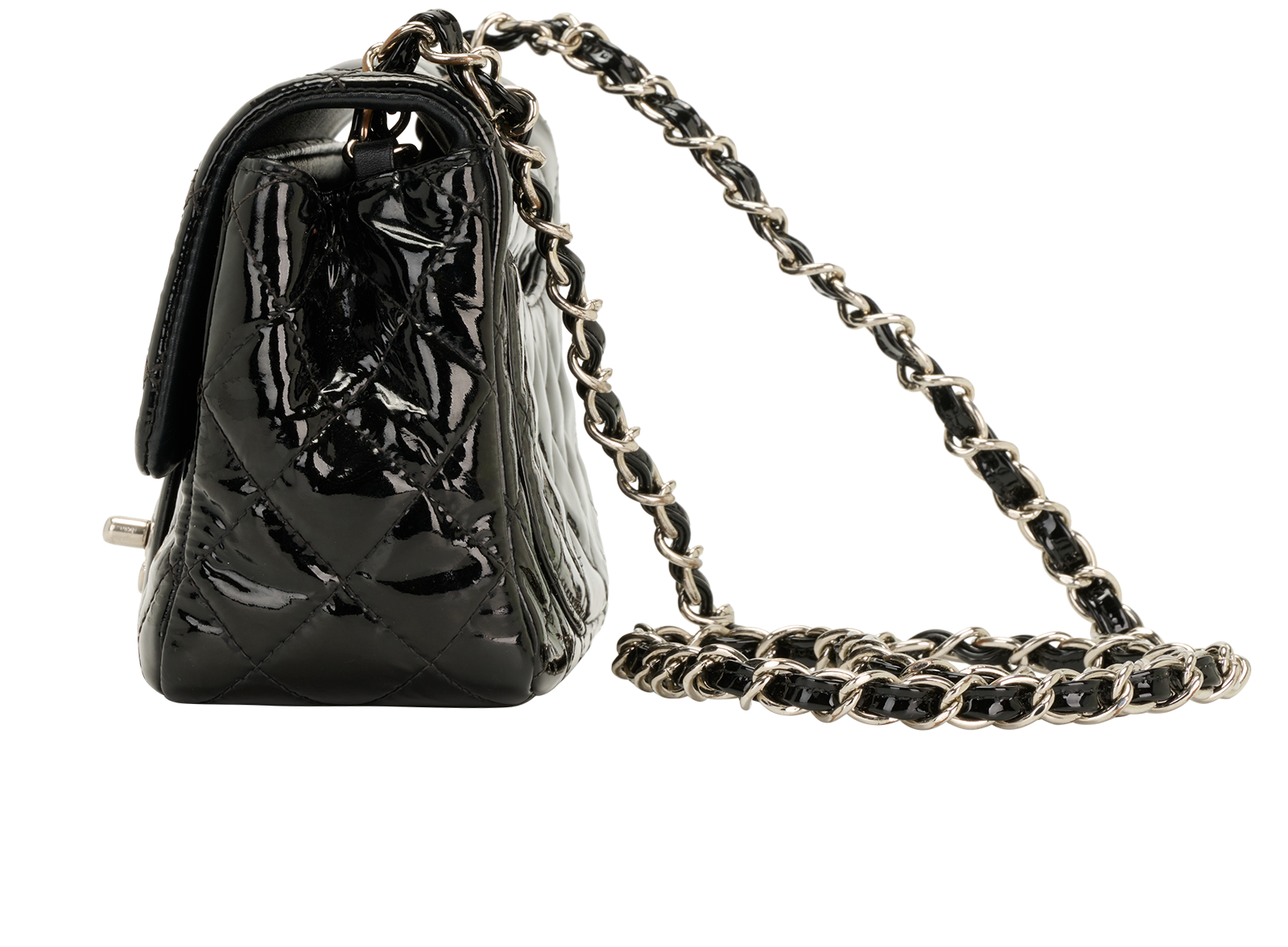 Mini Square Classic Flap, &pound;1,800, Handbags, Black, Patent Leather, Bottom view